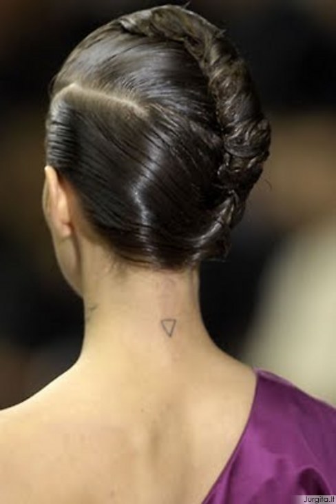 Black Outline Little Triangle Tattoo On Girl Back Neck