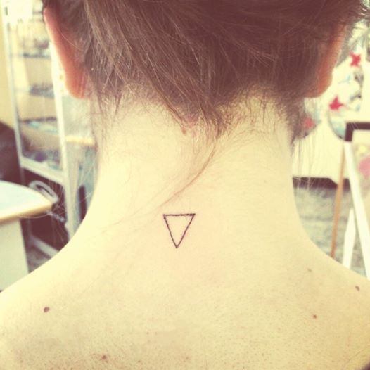 Black Outline Little Upside Down Triangle Tattoo On Back Neck