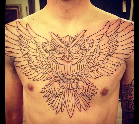 Black Outline Owl Tattoo On Man Chest