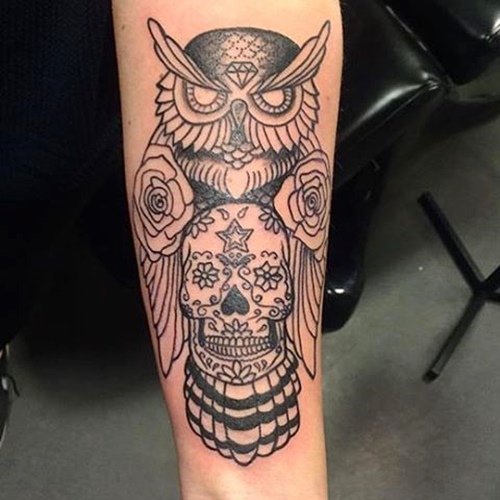 Black Outline Owl With Sugar Skull And Roses Tattoo Design For Forearm