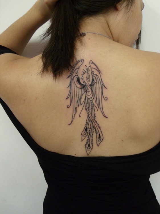 Black Outline Phoenix Tattoo On Girl Upper Back