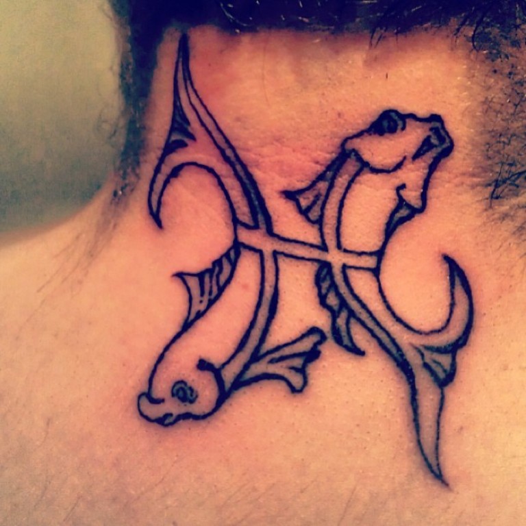 Black Outline Pisces Zodiac Sign Tattoo On Back Neck