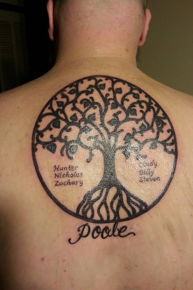 Black Outline Tree Of Life Tattoo On Man Upper Back