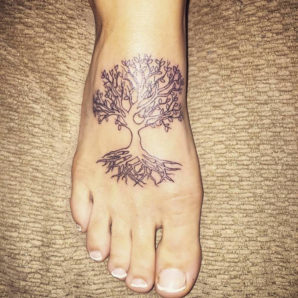 Black Outline Tree Of Life Tattoo On Right Foot