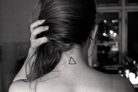 Black Outline Triangle Tattoo On Girl Back Neck