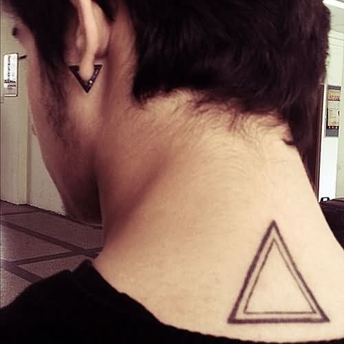 Black Outline Two Triangle Tattoo On Man Back Neck
