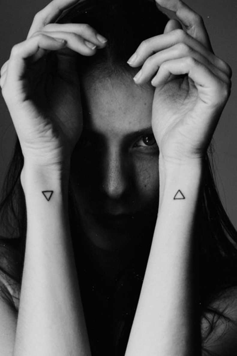 Black Outline Upside Down Triangle Tattoo On Girl Both Side Wrist