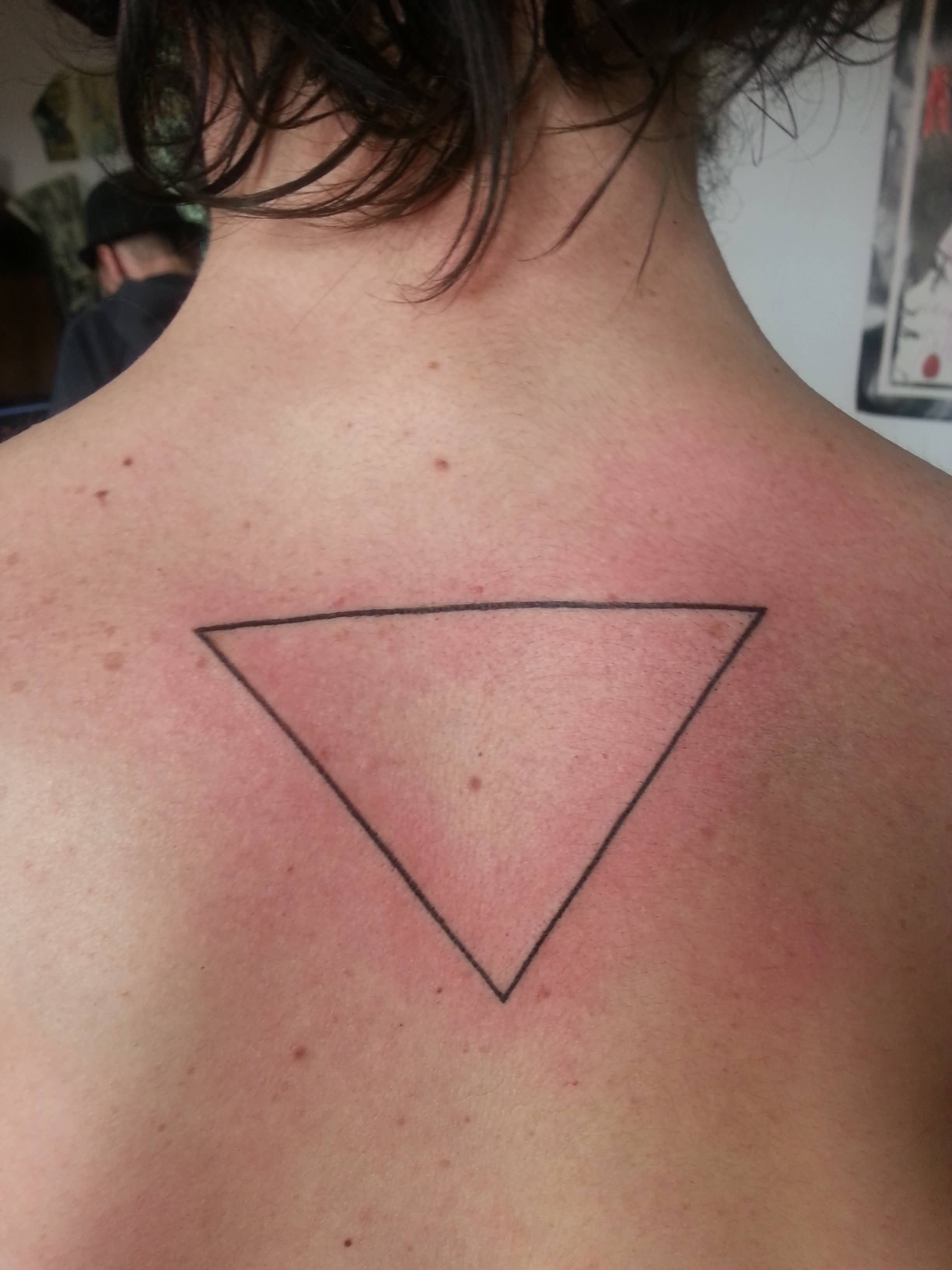 Black Outline Upside Down Triangle Tattoo On Upper Back