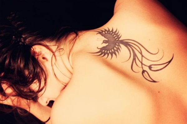 Black Phoenix Tattoo On Girl Upper Back
