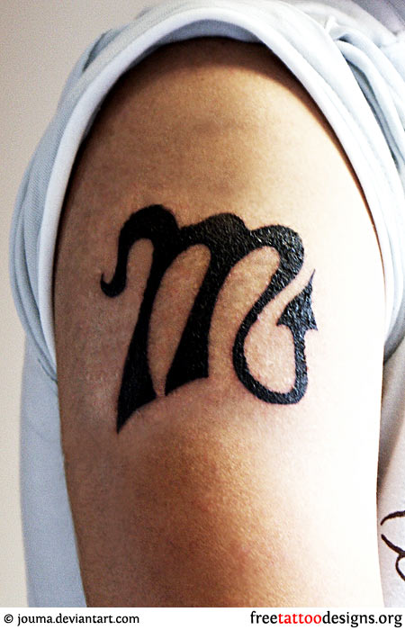 Black Scorpio Zodiac Sign Tattoo On Right Shoulder
