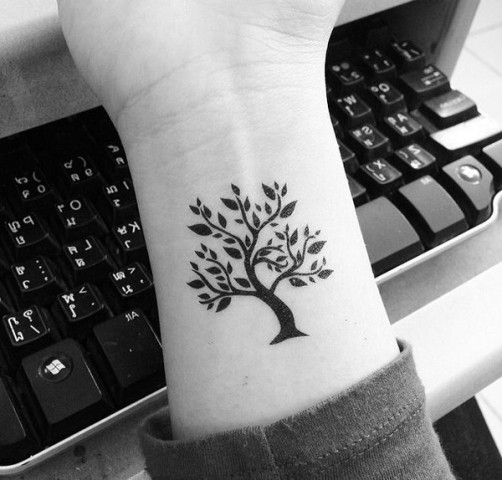 Black Small Tree Of Life Tattoo On Right Wrist