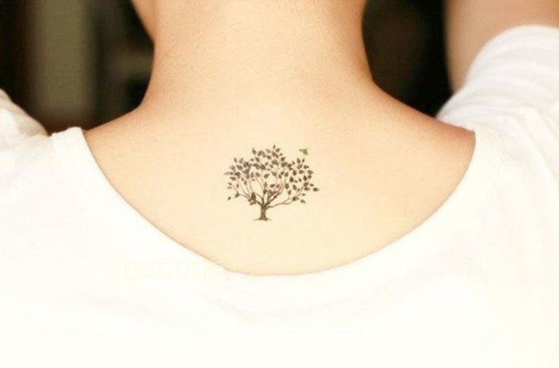 Black Small Tree Of Life Tattoo On Upper Back