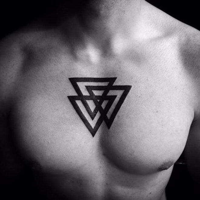 Black Three Triangle Tattoo On Man Chest