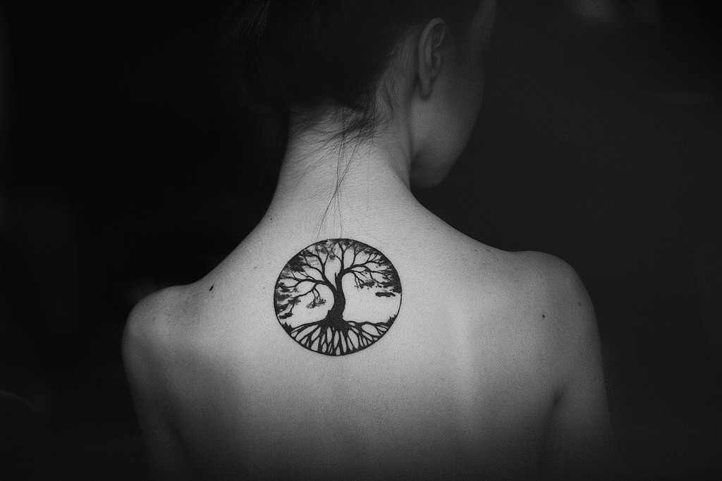 Black Tree Of Life Tattoo On Girl Back Neck