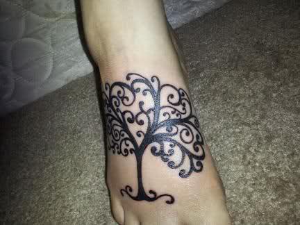Black Tree Of Life Tattoo On Right Foot