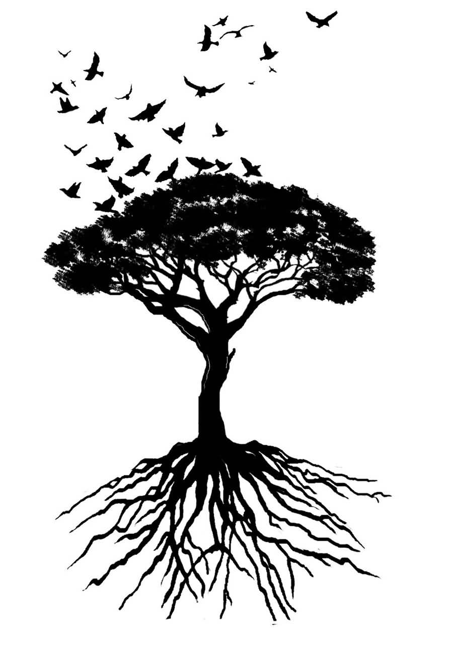 Black Tree Of Life With Flying Birds Tattoo Design By Brandy Wakelam