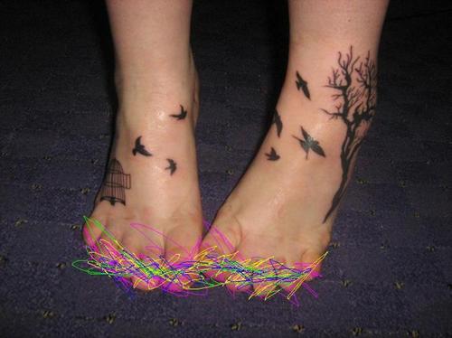 Black Tree Of Life With Flying Birds Tattoo On Feet