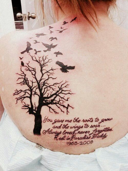 Black Tree Of Life With Flying Birds Tattoo On Girl Left Back Shoulder