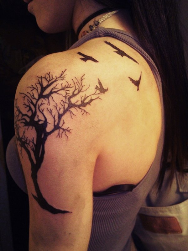 Black Tree Of Life With Flying Birds Tattoo On Girl Left Shoulder