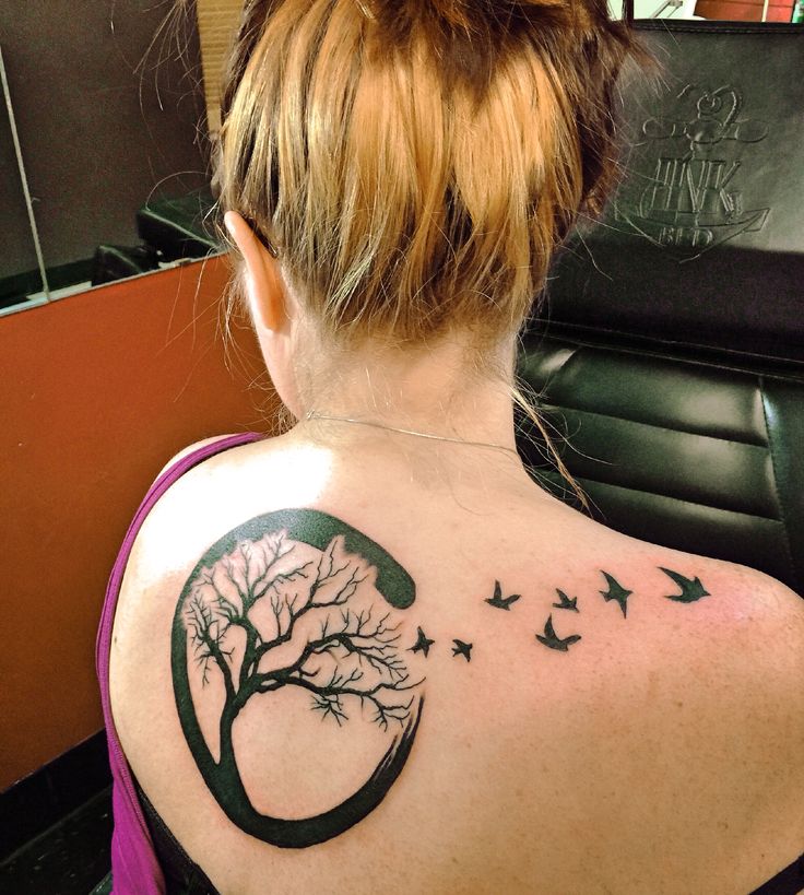 Black Tree Of Life With Flying Birds Tattoo On Girl Upper Back