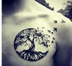 Black Tree Of Life With Flying Birds Tattoo On Left Front Shoulder