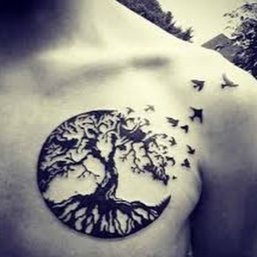 Black Tree Of Life With Flying Birds Tattoo On Man Left Front Shoulder