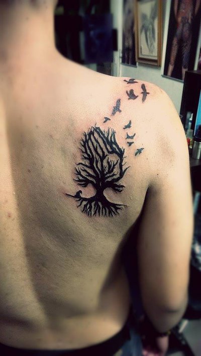 Black Tree Of Life With Flying Birds Tattoo On Right Back Shoulder
