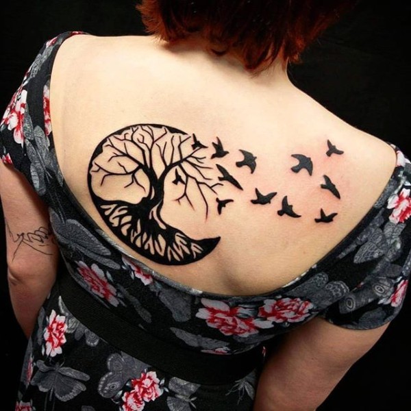 Black Tree Of Life With Flying Birds Tattoo On Women Upper Back