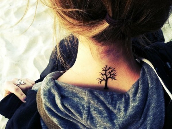 Black Tree Of Life Without Leaves Tattoo On Girl Back Neck By Andro Treurnicht