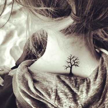 Black Tree Of Life Without Leaves Tattoo On Girl Back Neck