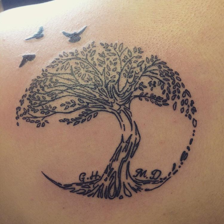 Black Tree of Life With Flying Birds Tattoo On Left Back Shoulder