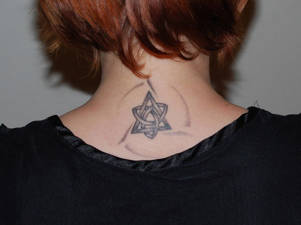 Black Triangle Triquetra Tattoo On Girl Back Neck