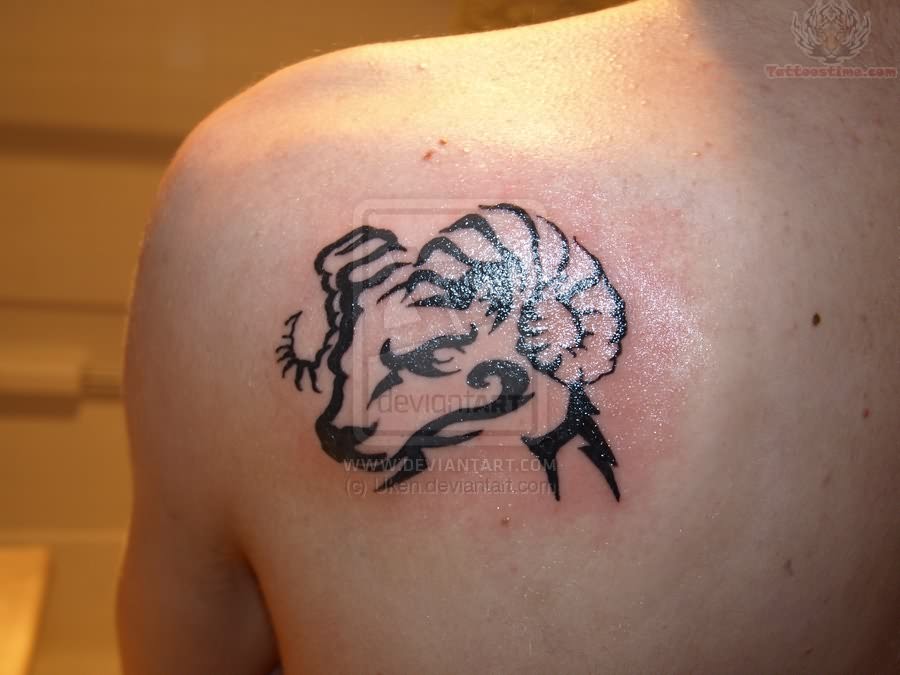 Black Tribal Aries Zodiac Sign Tattoo On Left Back Shoulder