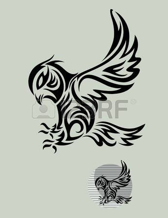 Black Tribal Flying Owl Bird Tattoo Stencil
