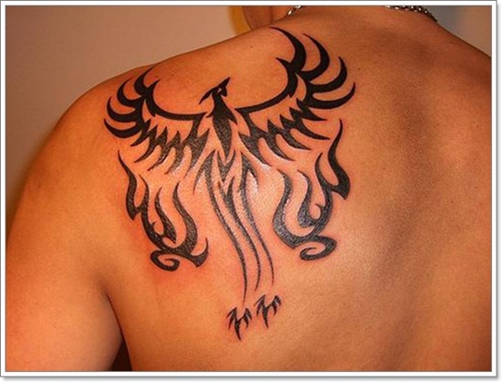 Black Tribal Flying Phoenix Tattoo On Left Back Shoulder