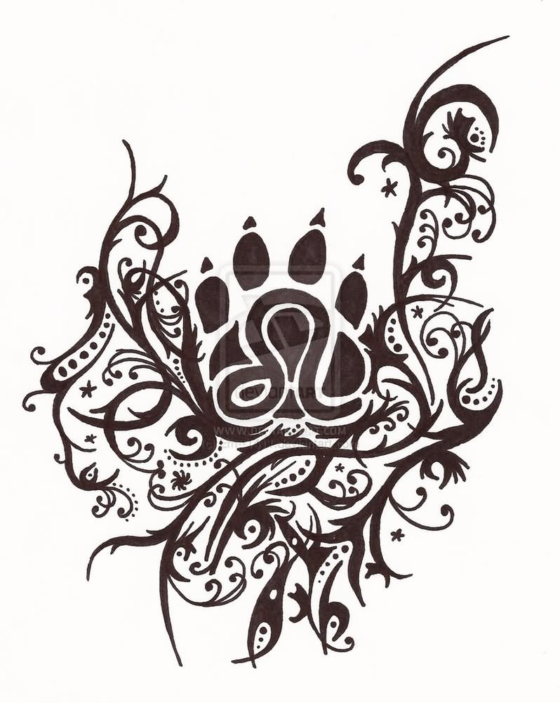 Black Tribal Leo Zodiac Sign With Paw Print Tattoo Design By Gareth43