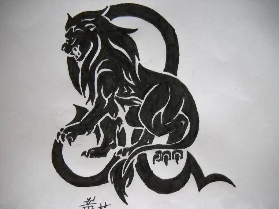 Black Tribal Lion With Leo Zodiac Sign Tattoo Design