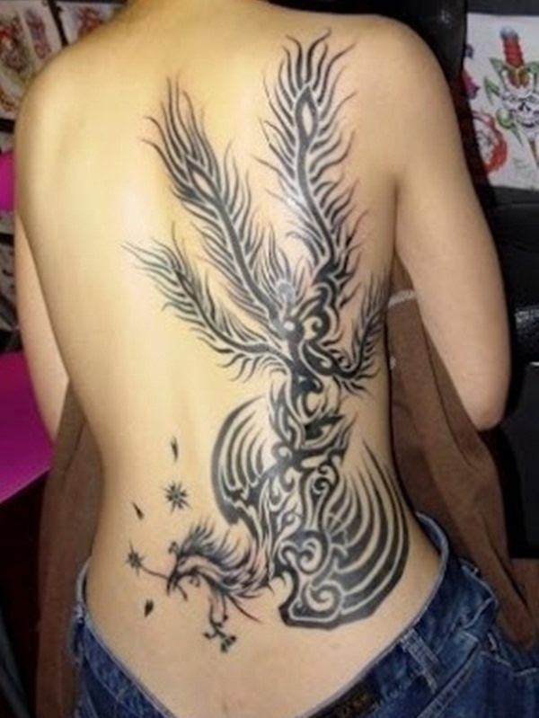 Black Tribal Phoenix Bird Tattoo On Girl Full Back