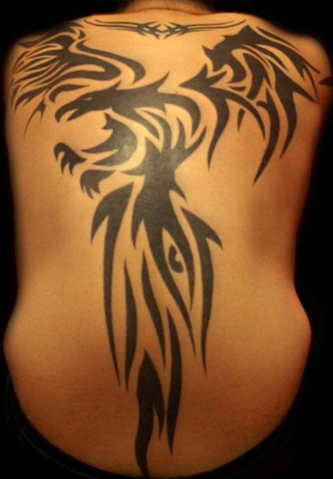 Black Tribal Phoenix Tattoo Design For Full Back