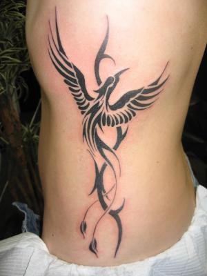 Black Tribal Phoenix Tattoo Design For Side Rib