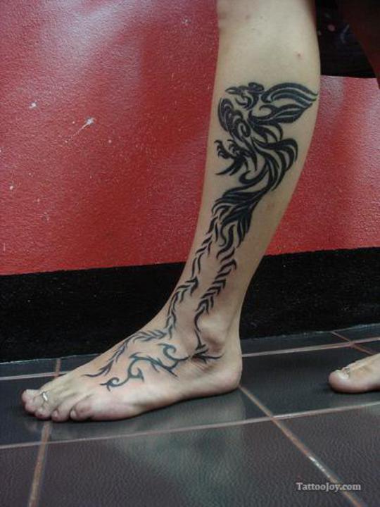 Black Tribal Phoenix Tattoo On Left Leg