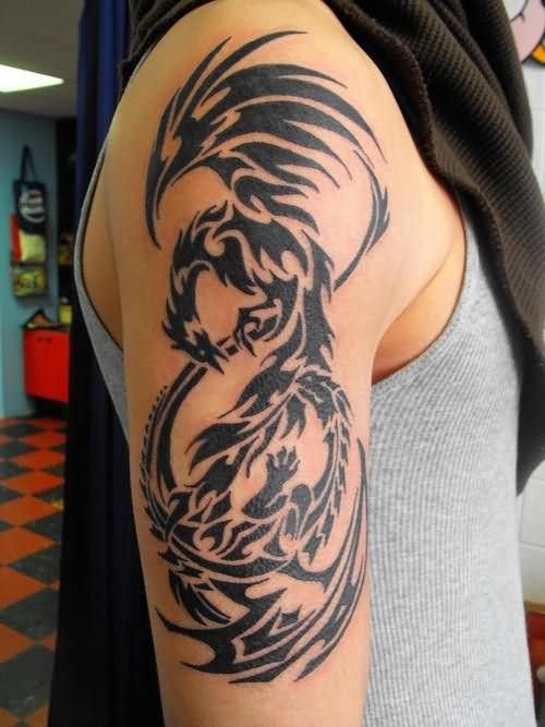 Black Tribal Phoenix Tattoo On Right Half Sleeve