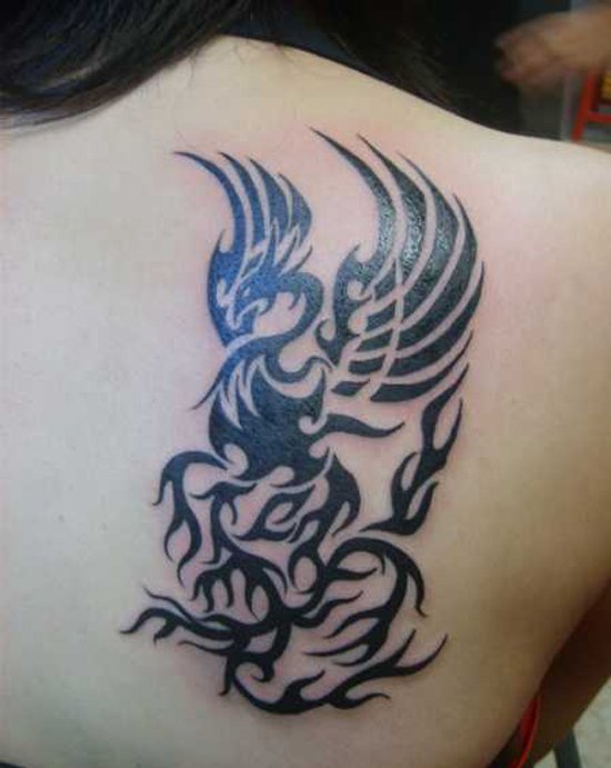 Black Tribal Phoenix Tattoo On Upper Back