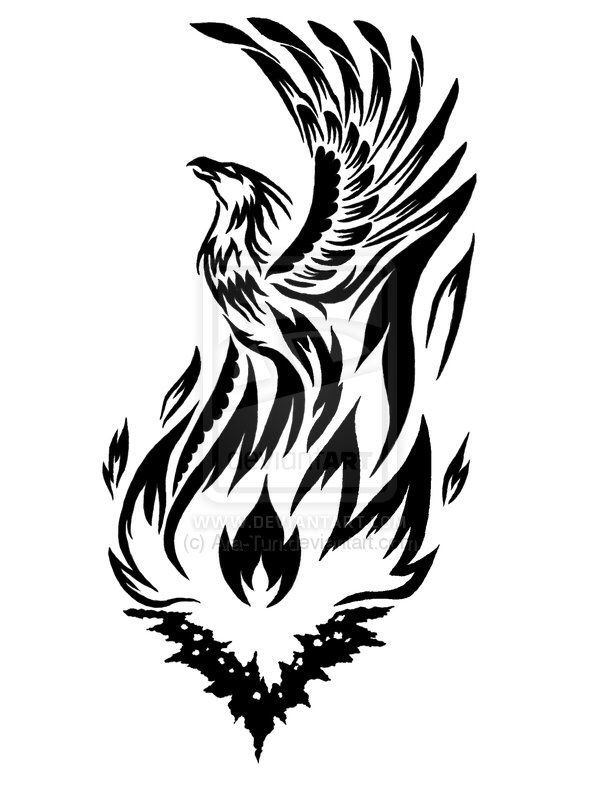 Black Tribal Phoenix With Flames Tattoo Design