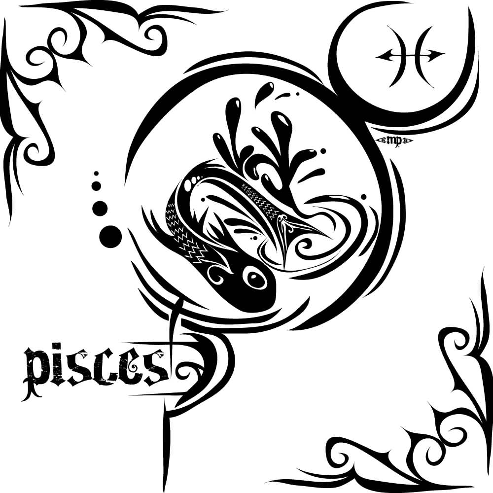 Black Tribal Pisces Zodiac Sign Tattoo Stencil