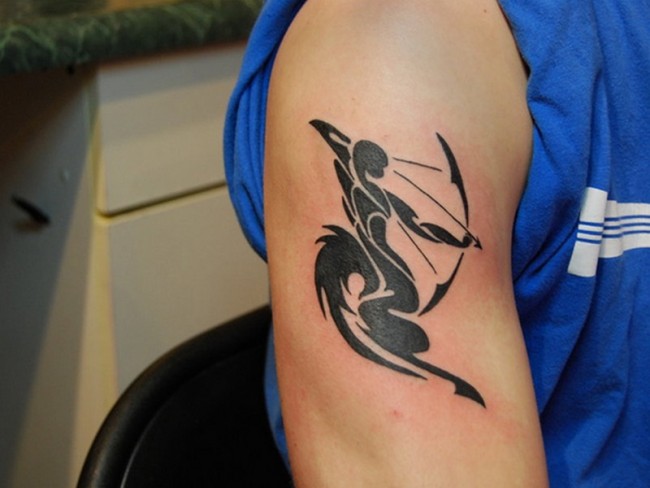 Black Tribal Sagittarius Zodiac Sign Tattoo On Right Half Sleeve