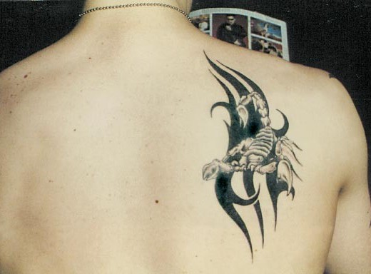 Black Tribal Scorpio Zodiac Sign Tattoo On Man Right Back Shoulder