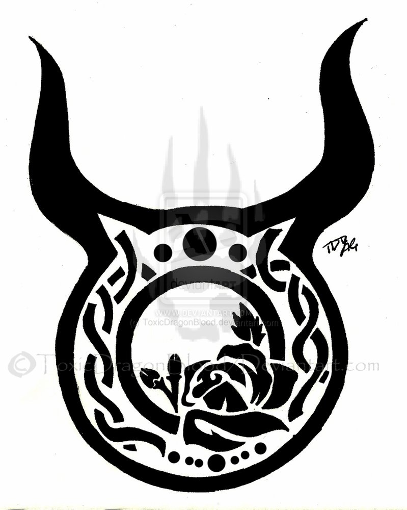 Black Tribal Taurus Zodiac Sign With Rose Tattoo Stencil