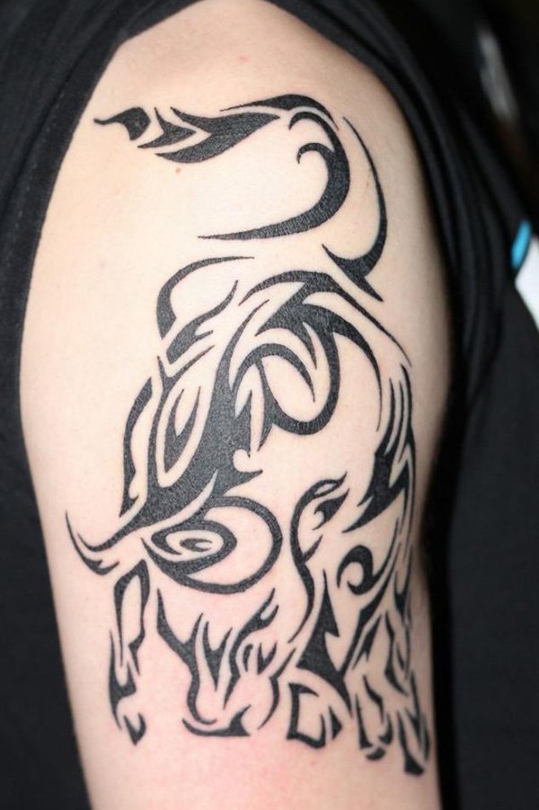 Black Tribal Taurus Zodiac Symbol Tattoo On Right Half Sleeve