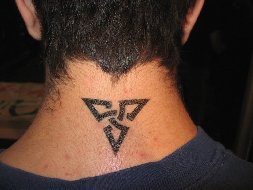 Black Tribal Triangle Tattoo On Man Back Neck